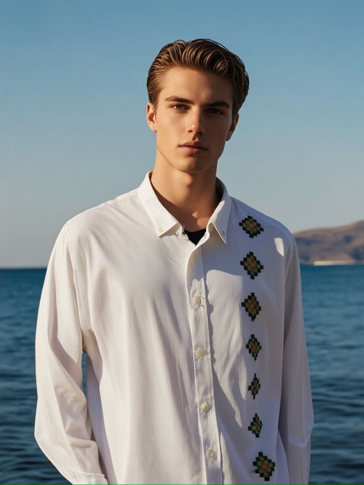 Camisa lino de bambú con bordado Cho’l 11 rombos